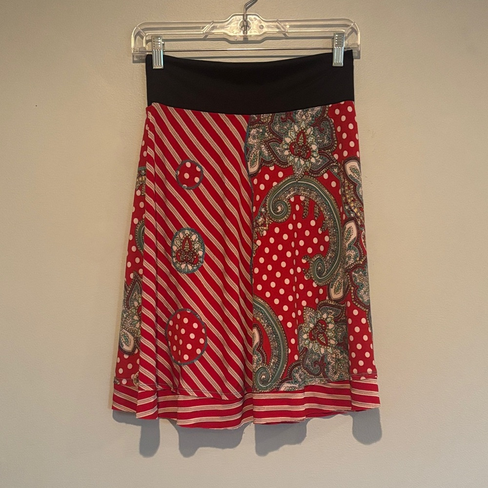 Red Patterned A-Line Women’s Skirt with Black Waistband